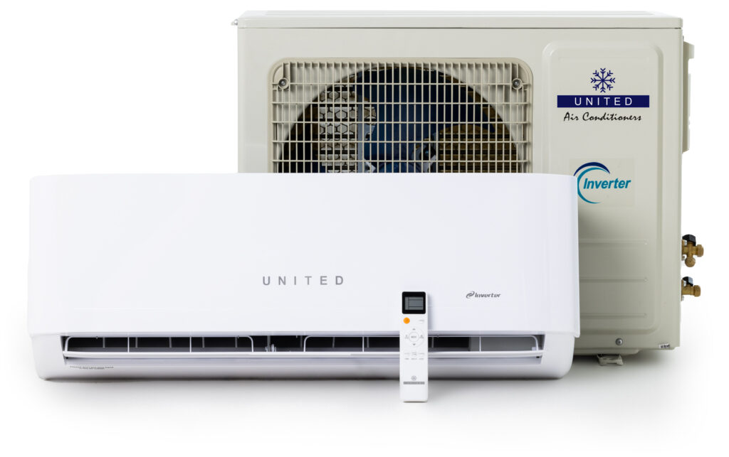 Aire acondicionado Inverter United con mando a distancia, unidad interior y exterior.